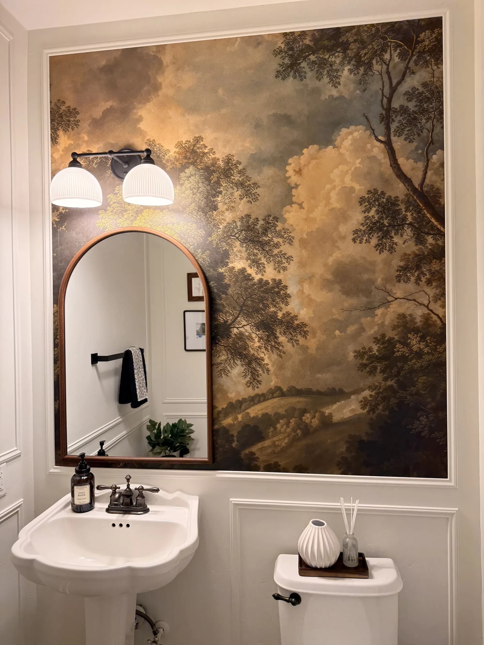 Powder room with dramatic landscape wallpaper and arched mirror by BK Toolbox